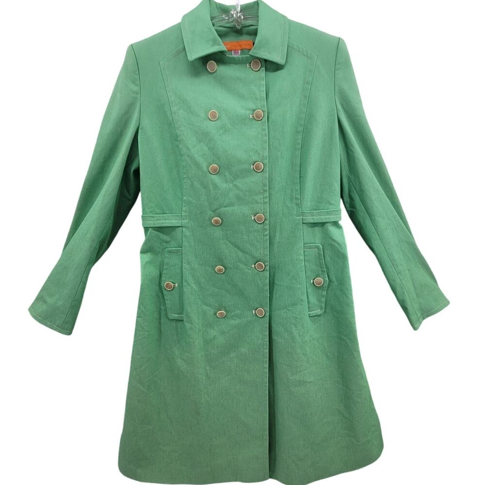 Cynthia Steffe Green Trench Coat‎ Vintage Mod Double Breasted Chic